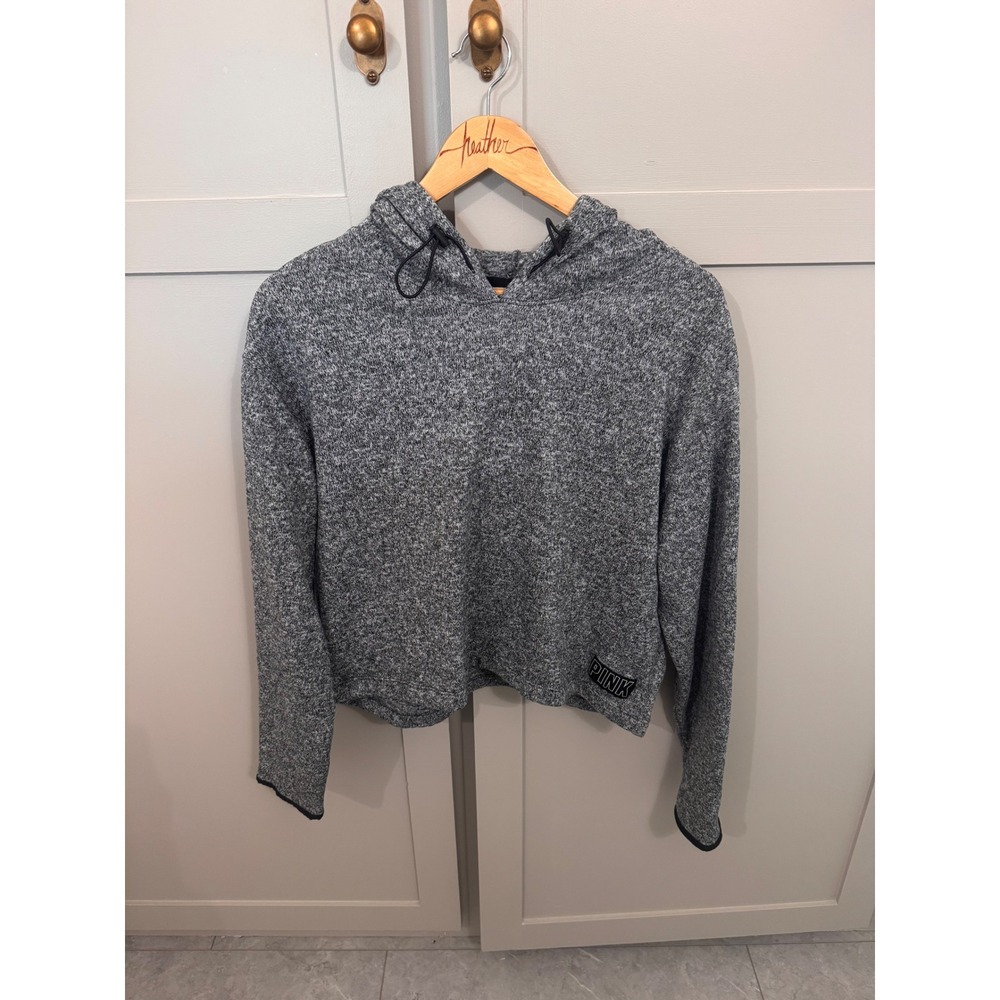 Victoria's Secret PINK Grey Marl Cropped Hoodie Pullover Sweatshirt Women Medium